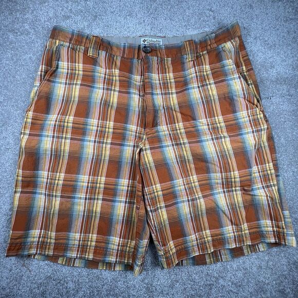 Columbia Shorts 36 Mens Orange Indian Madras Plaid Chino Flat Front Modern Fit - Picture 1 of 7